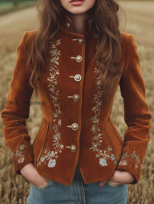Vintage Microsuede Floral Embroidery Distressed Button Slim-Fit Jacket