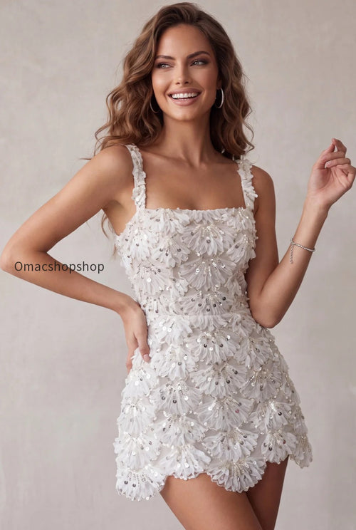 Ivory Sparkly Sequin Floral A Line Square Neck Short Homecoming Dress