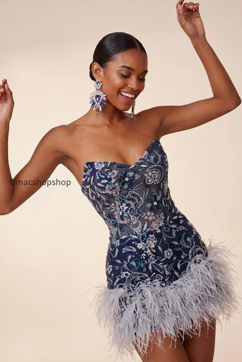 Navy Floral Tight Sparkly Short Beaded Homecoming Dress with Feathers