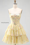 yellow-a-line-floral-corset-short-fringed-strapless-homecoming-dress-with-ruffles