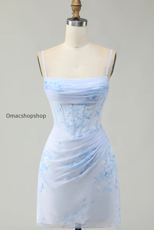 Light Blue Floral Tight Ruched Short Corset Homecoming Dress