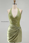 army-green-appliqued-ruched-halter-tight-short-corset-homecoming-dress