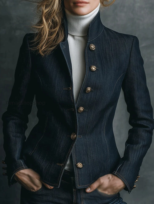 Vintage High Collar Classic Curve Cut Denim Brass Button Jacket