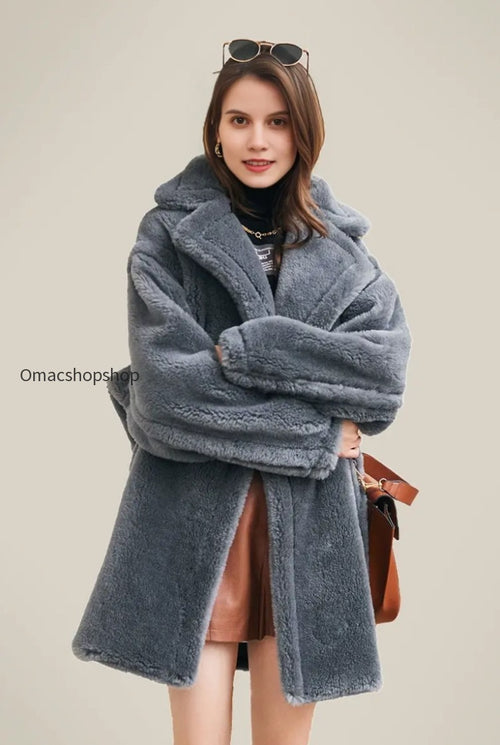 Mid-length Teddy-style Shearling Coat With Lapel Collar